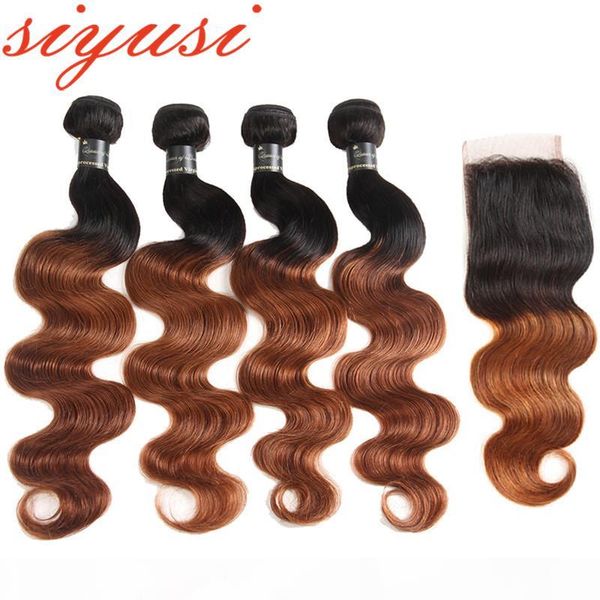 

virgin brazilian hair bundles with lace closure ombre 1b 30# and 1b 27# human hair body wave remy hair extensions with closure, Black;brown