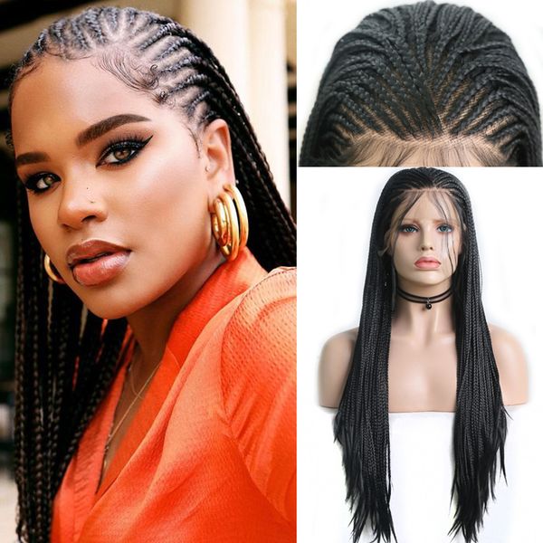 

charisma long braids braided wig with baby hair synthetic lace front wig high temperature fiber hair box braids wigs for women, Black;brown