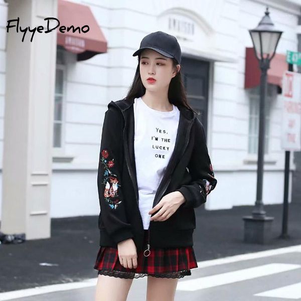 

autumn winter fleece hoodie women raglan floral embroidery hooded sweatshirt 2020 fall drawstring zip up hoodies plus size1, Black