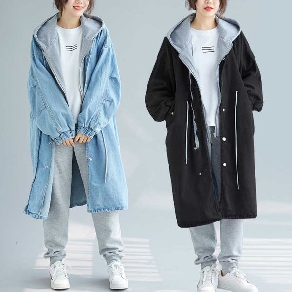 

fake two-piece jeans hooded women's mid-length windbreaker 2020 new korean autumn winter loose bf denim jacket outerwear, Tan;black