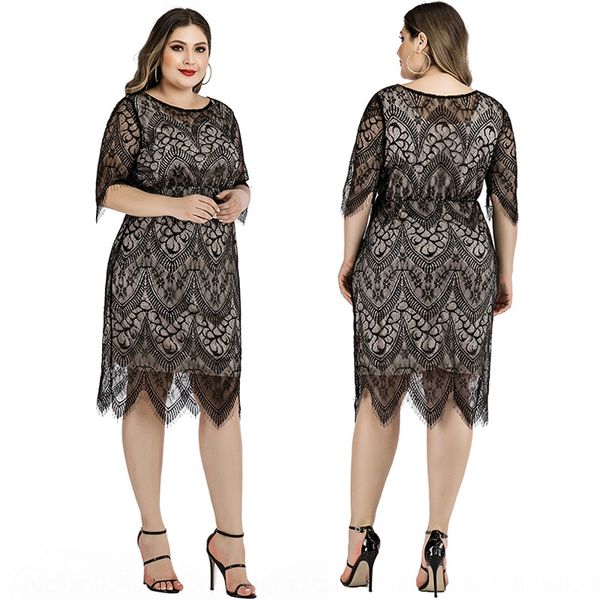 

fat mm summer new 2020 large perspective women's hollow casual cover knee dress lace positioning lace dress n6i4f, Black;gray