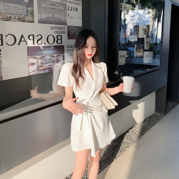 

summer 2020 v-neck white elegant suit slim slim suit dress goddess fan waist slimming skirt fake two-piece skirt l61fx, Black;gray