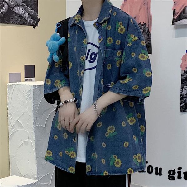 

новый 2020 летняя джинсовая рубашка подсолнечника напечатанная джинсовая рубашка женский корейский стиль винтажный свободный с коротким рука, White
