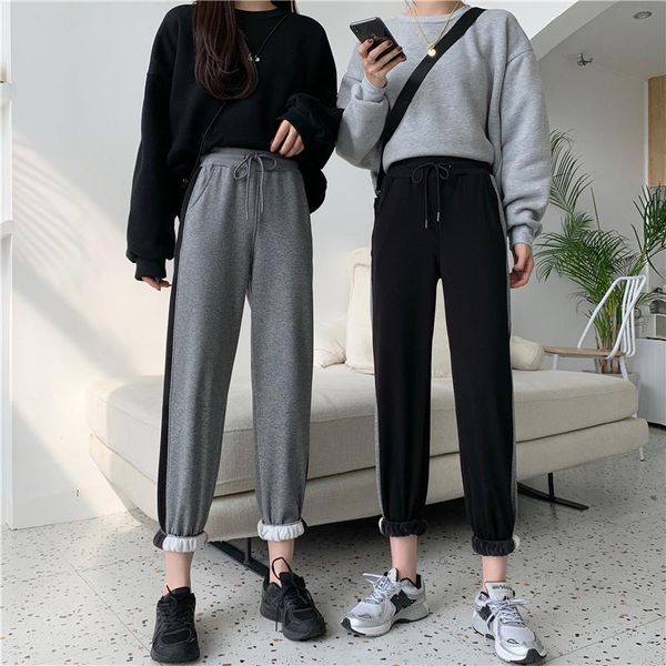 

harem pants warm soft sport trousers causal sweatpants winter thicken women pants striped patchwork elastic loose, Black;white