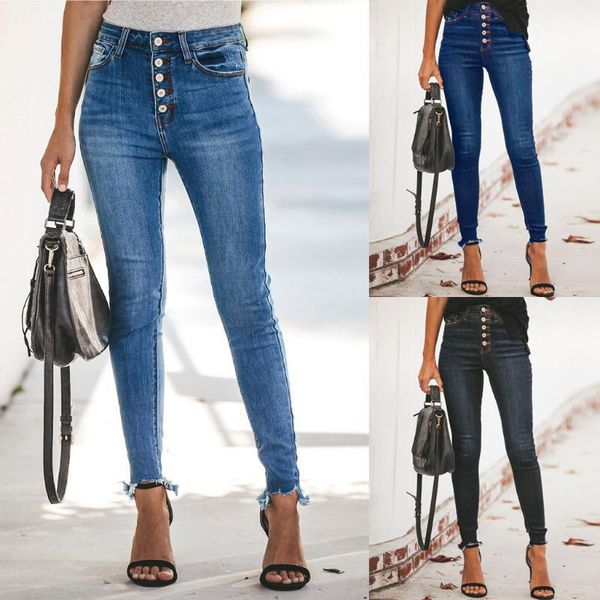 

fashion jeans for women mom jeans high waist high elastic hole ripped stretch female washed denim skinny pencil pants l421, Blue