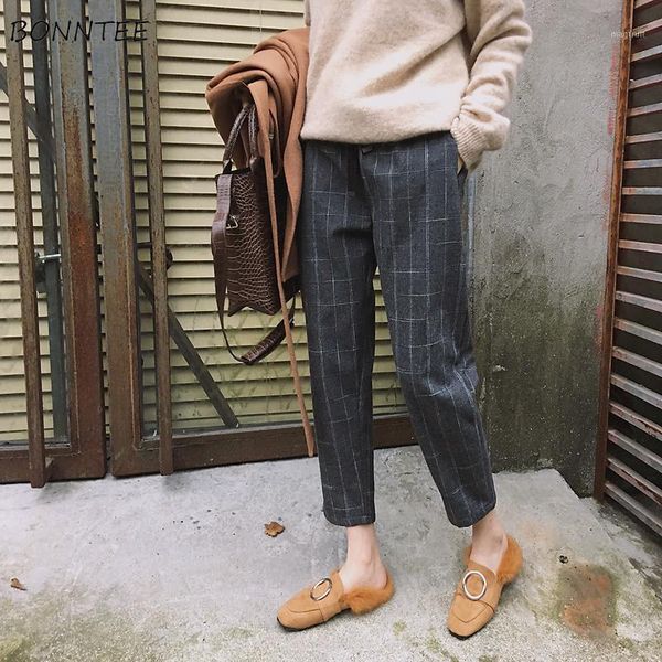 

pants women ankle-length harem trousers drawstring elegant plaid mid waist womens simple all-match retro ladies korean style new1, Black;white