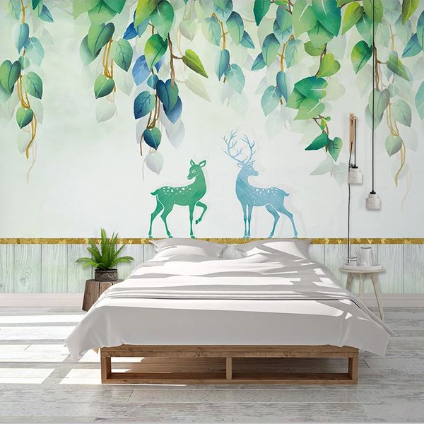 Carta da parati personalizzata Dipinta a mano Foglia verde Alce Grande dipinto murale Soggiorno moderno Camera da letto Home Decor Murale Papel De Parede 3D