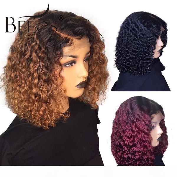 

beeos colored short curly 13x6 lace front human hair wigs pre plucked with baby hair deep part brazilian remy glueless 8-16, Black