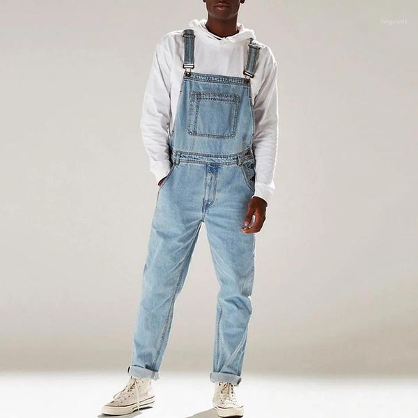 

new style men's denim bib pants washed full length jeans jumpsuit hip hop straight jeans overalls men streetwear jumpsuit1, Blue