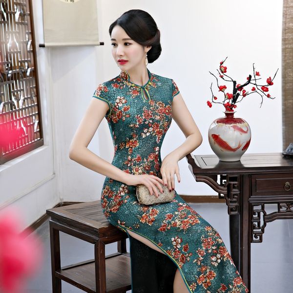 

new style short sleeve chinese style fashionable improved lace splicing long lace cheongsam high slit printed cheongsam ymlpg, Black;gray