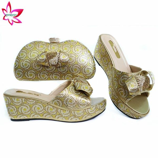 

2020 summer selling matching shoes and bag in golden color slingback slipper with platform italian lady shoes and bag set, Black