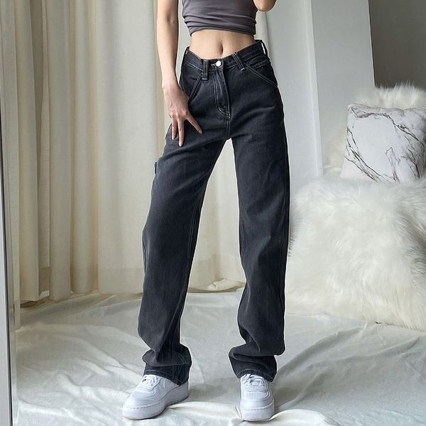 

cheeky straight jeans for women high waist loose non stretch denim with slim relaxed fit vintage inspired feel pants, Blue