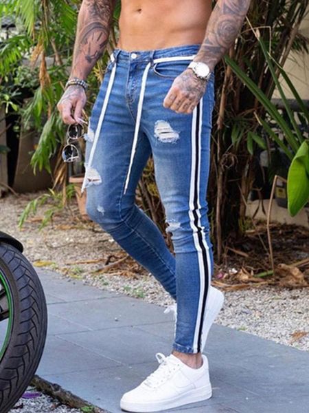 

men skinny jeans biker destroyed frayed fit slim ripped denim pants side stripe pencil pants hip hop street jogging, Blue