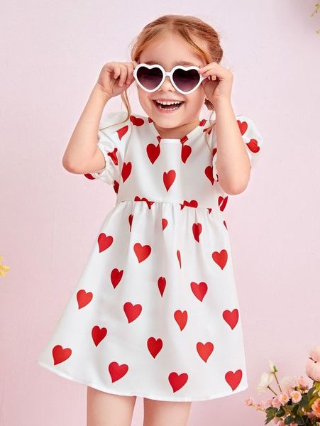 

toddler girls heart print puff sleeve dress she, Red;yellow