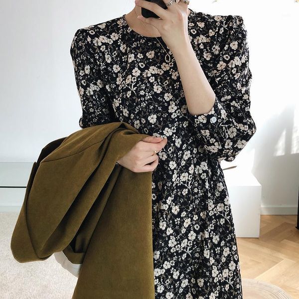 

2020 summer new arrive women print dress casual loose full regular sleeve mid-length o-neck slim chiffon korean bottoms1, Black;gray