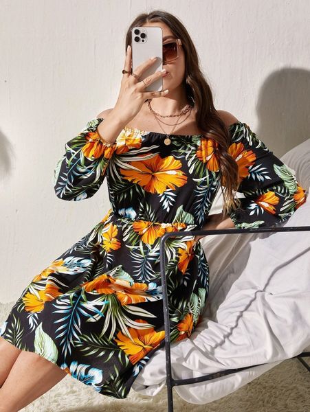 

plus off-shoulder tropical print dress 20pb#, Black