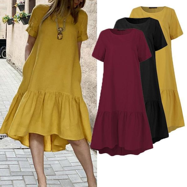 

women dress holiday summer short sleeve sundress solid casual kaftan ruffles loose vestidos pockets o-neck robe femme 5xl, Black;gray