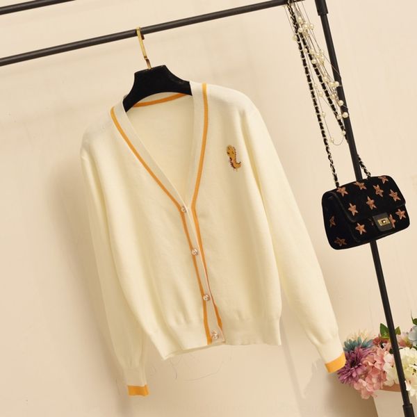 

feenr 2020 autumn student knitted cardigan women's jacket sweater hemp embroidery ice loose large korean version of small dinosaur embr, White;black
