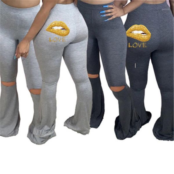 

lips flared pant fashion trend personality hole skinny long pants designer new ladies casual loose midder waist trousers women, Black;white