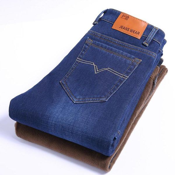 

men's jeans 2021 cholyl men warm autumn winter thicken fleece straight long trouser, Blue