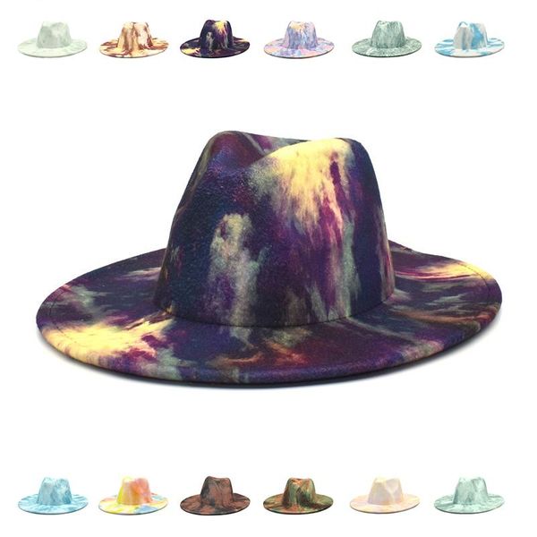 

2021 fashion tie dye fedora hat for women men wide brim panama jazz caps vintage classic gentleman felt hats winter autumn, Blue;gray
