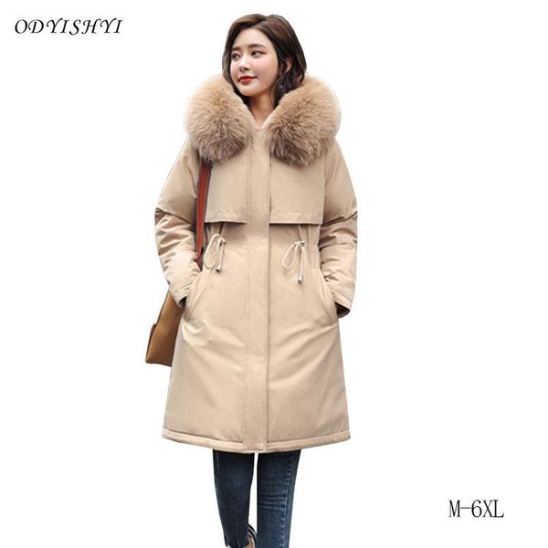 

winter warm outwear 2021 women parka snow coat plus velvet cotton jacket fashion big fur collar hooded long padded jacket female, Black