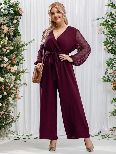 

plus swiss dot lantern sleeve belted wide leg jumpsuit h0xb#, Black