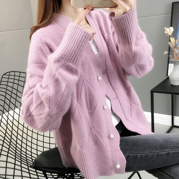 

v-neck knit solid office lady style cardigan women long sleeve sweater with single breasted buttons female cardigans