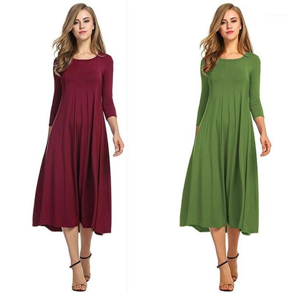 

women's 3/4 sleeve a-line and flare midi long dress women dress1, Black;gray