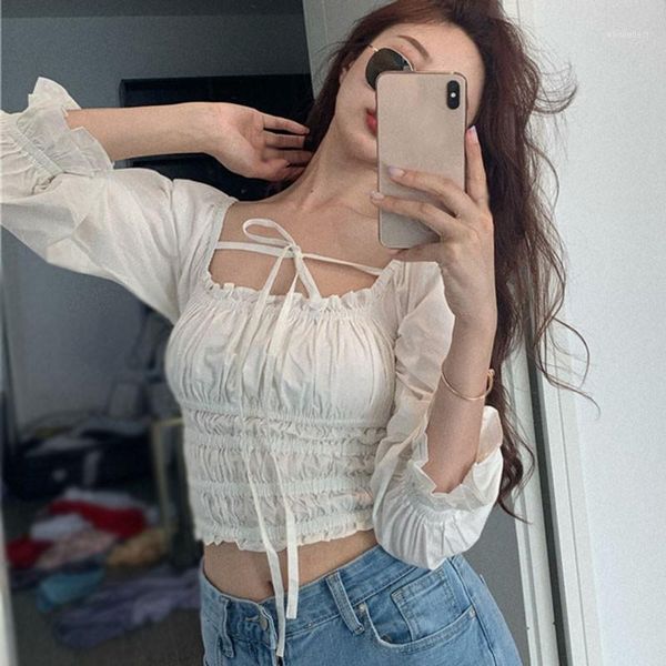

a 2020 shirt women's blouse solid square collar lace up bow sweet exposed navel puff long sleeve short shirt blouses blusas1, White