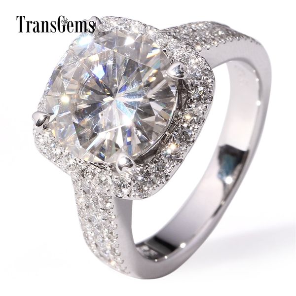 Transgemems 5 Carat Lab Moissanite Casamento Halo Anel Moissanite Acentos Sólidos 14k Branco ouro para mulheres diamante Y200620