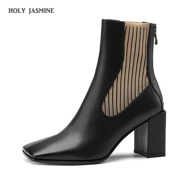 

2020 new ankle boots european and american style cowhide material decorative booties square toe handmade closure fashion boots, Black
