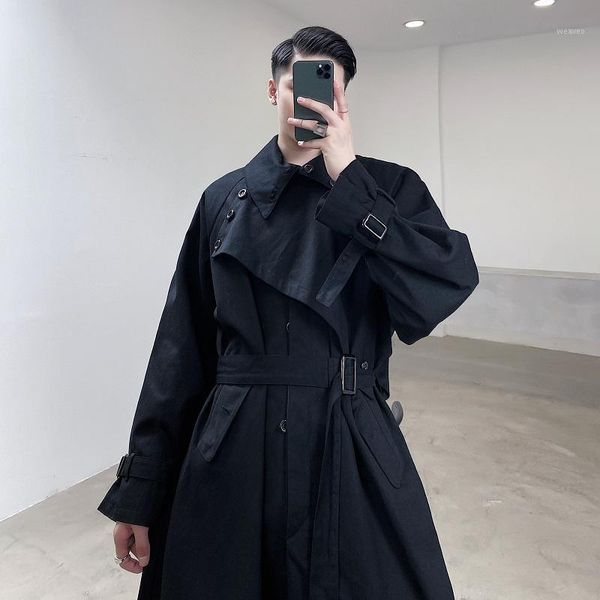 

male streetwear hip hop cardigan jacket overcoat men japan style dark black asymmetric splice cloak long trench coat outerwear1, Tan;black