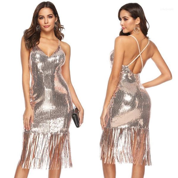 

gold sequin short party dress new cross sleeveless 1920s fringe dress women tassel v neck sequin mini plus size s-2xl11, Black;gray