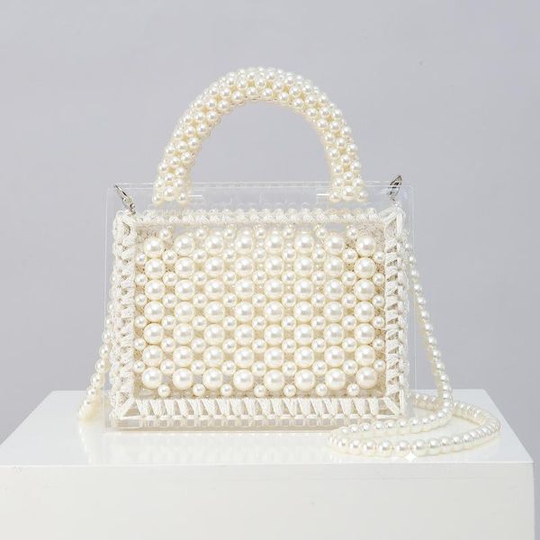 

luxury design pearl bag clear transparent acrylic beaded box purse totes bag women party vintage woven handbag crossbody bags