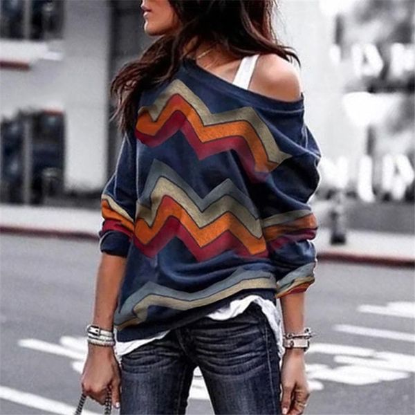 

spring autumn t-shirts women off shoulder striped leisure long sleeve geometric printing lady's t-shirt plus size 3xl 201125, White