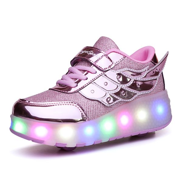 

children one two wheels luminous glowing sneakers gold pink led light roller skate shoes kids led shoes boys girls usb charging 201009, Black