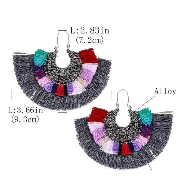 

vintage long tassel drop earring resin bohe punk ethnic fashion multicolor cotton thread big fan shape fringe e sqctqz queen66, Silver