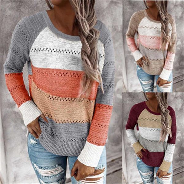

women hollow out patchwork striped knitted sweater autumn winter casual loose long sleeve o-neck pullover streetwear plus size1, White;black