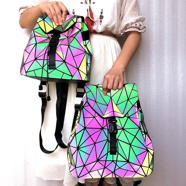 

women's fashion backpack brand luminous female backpack student fold drawstring school bag holographic geometric rucksack c1021