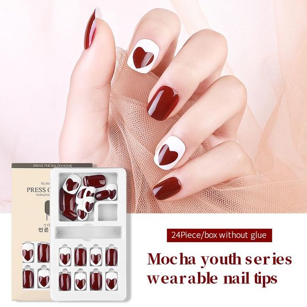 

dropshipping artificial false press on nail tips set for decorated short nails art fake tip full cover designed with box kit, Red;gold