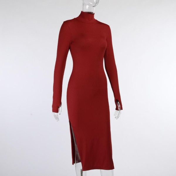 

casual dresses women dress solid color cotton polyester long sleeve high split zip bodycon midi women's clothing vestidos, Black;gray
