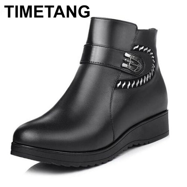 

timetang brand shoes woman winter boots 2020 fashion rhinestone cow leather shoes women boots wedge plus size warm snow, Black