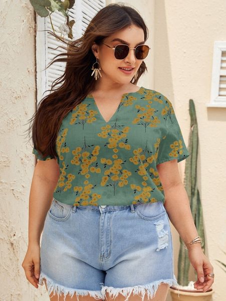 

plus floral print notched neck blouse i3nh#, Black