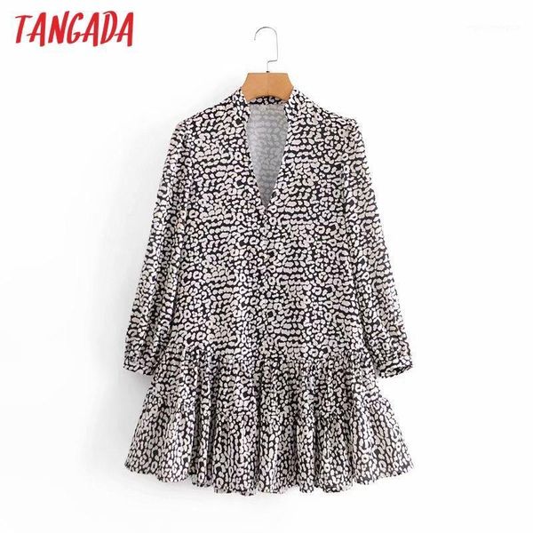 

casual dresses tangada fashion women leopard pring print loose dress v neck long sleeve ladies spring with buttons 5d111, Black;gray