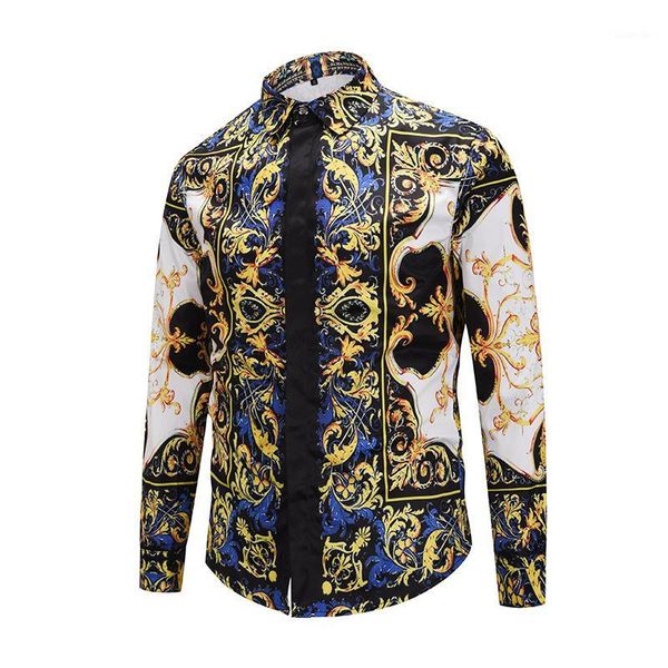 

2018 new arrival men dress shirts fashion design 3d printed slim style long sleeve covered button  to xxl1, White;black