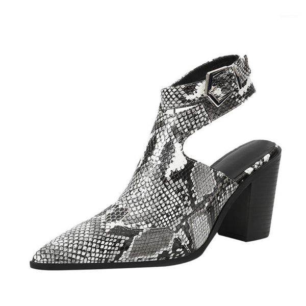 

boots booties women's leather pointed snakeskin square heels buckle roman bota feminina large size shoe1, Black