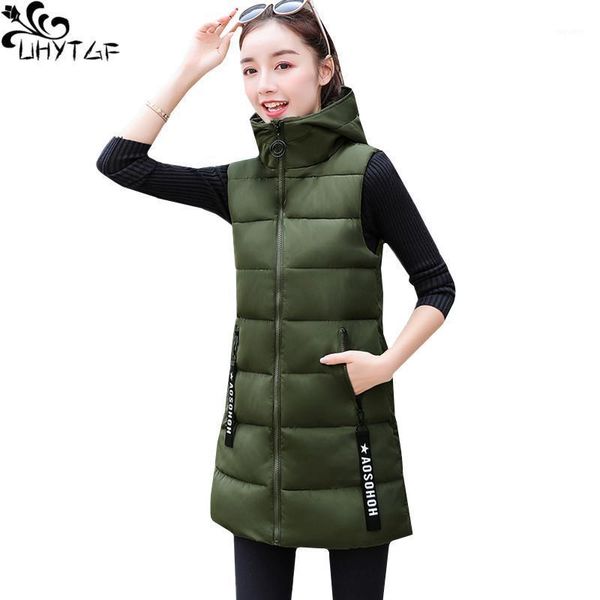 

uhytgf korean women winter down cotton jackets 2020 plus size long sleeveless warm fashion hooded chic girl cotton vest 4271, Black;white