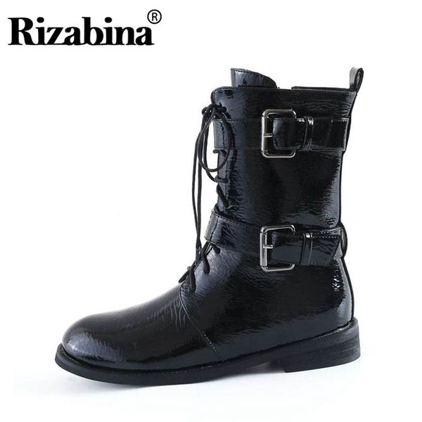 

boots rizabina women zipper genuine leather mid calf cross strap buckle fashion motorcycle footwear short size 34-44, Black