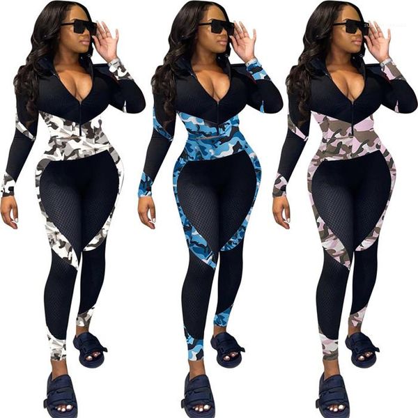 

long sleeve zipper coats slim sweatpants fashion casual women two piece sports clothing camouflage womens tracksuits, Gray